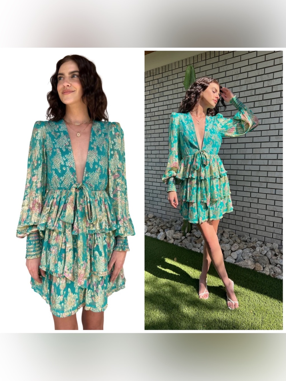 Hemant & Nandita Isha Short Mini Dress Gold Teal Medium